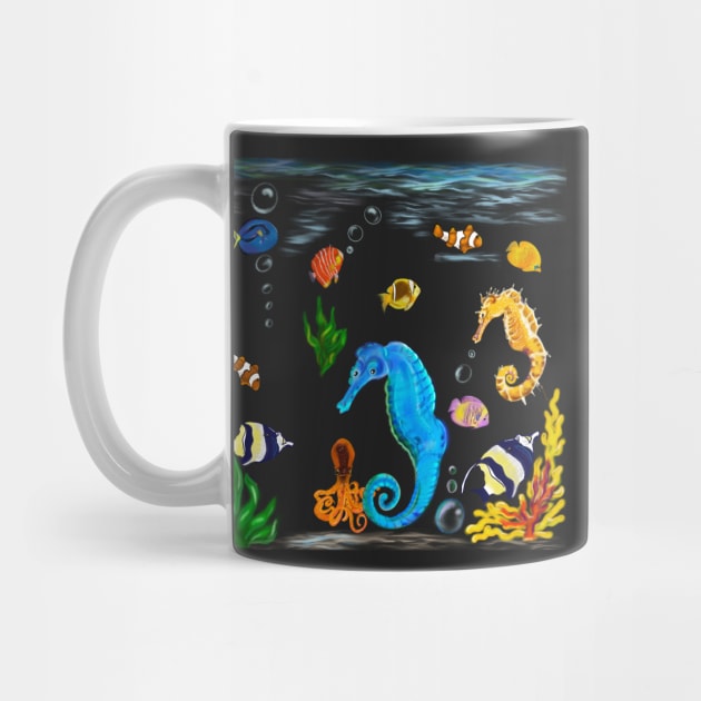 Best fishing gifts for fish lovers 2022. Seahorse and friends Coral reef fish rainbow coloured / colored fish swimming under the sea by Artonmytee